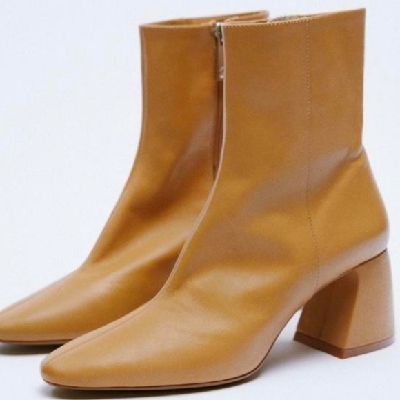 ZARA 100% LEATHER MID HEELED ANKLE BOOTS CAMEL / TAN SZ 38 - Picture 2 of 10